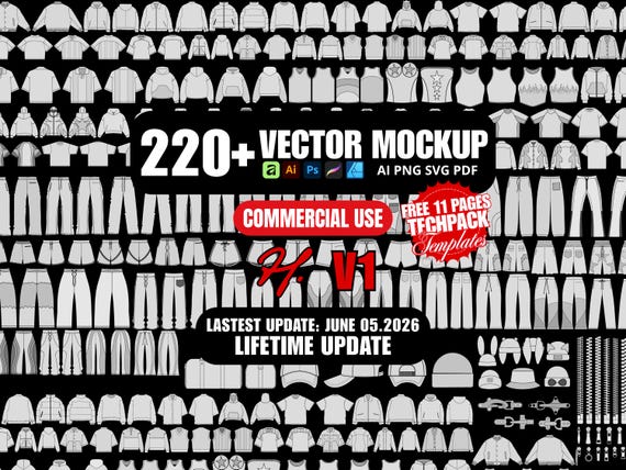 220+ Vector Clothing Mockup Streetwear Design Techpack Templates for Clothing Brand and Apparel Designer in Illustrator and Procreate