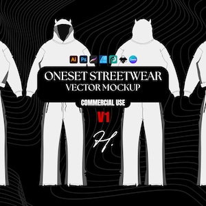 May include: White oneset streetwear vector mockup with a hoodie and sweatpants. The image includes the text "ONESET STREETWEAR VECTOR MOCKUP" and "COMMERCIAL USE V1". The background is black with white wavy lines.