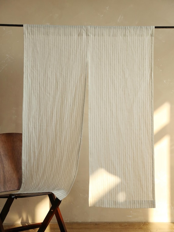 Heba 100% Linen Noren Curtain, Off-White with Olive Green Stripes, Room Divider, Organic Japanese Doorway Curtain, Farmhouse Decoration