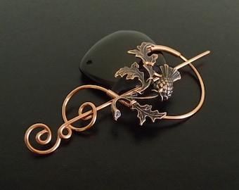 Scottish Thistle Brooch pin, Shawl Pin, Scarf Pin, Sweater Brooch, Knitting Accessories, Copper Wire pin