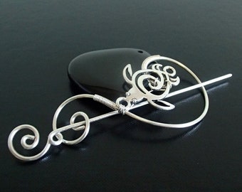 Shawl Pin, Scarf Pin,  Sea Turtle pin, Sweater Brooch, Music Brooch , Knitting Accessories, Silver Wire pin