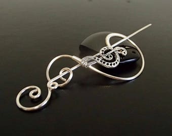 Treble Clef Pin, Shawl Pin, Scarf Pin, Sweater Brooch, Music Brooch , Knitting Accessories, Silver Wire pin