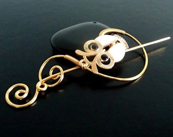 Owl Shawl Pin, Brooch pin, Scarf Pin, Sweater Brooch, Knitting Accessories, Gold Wire pin