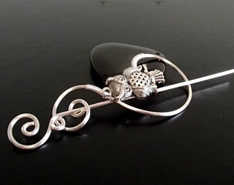 Owl Shawl Pin, Brooch pin, Scarf Pin, Sweater Brooch, Knitting Accessories, Silver Wire pin