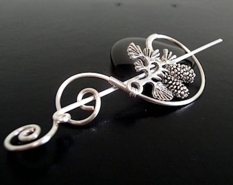 Pine Cone Shawl Pin, Scarf Pin, Fibula, Sweater Brooch, Knitting Accessories, Silver Wire pin