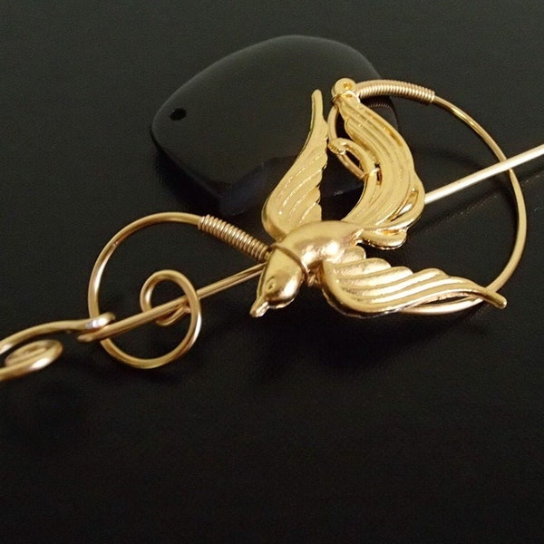 Phoenix Brooch pin, Shawl Pin, Scarf Pin, Sweater Brooch, Knitting Accessories, Gold Wire pin