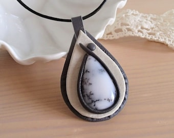 Dendritic Opal  Necklace, Dendritic Opal  Pendant, Leather Pendant, Leather Necklace, Gemstone Necklace