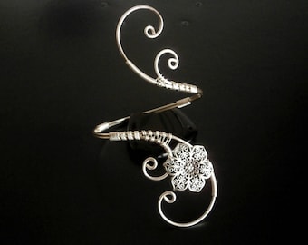 Flower Bracelet, Cuff Bracelet, Arm cuff, Spiral Arm Band, Arm Bangle, Silver bracelet, Wire Wrapped  jewelry