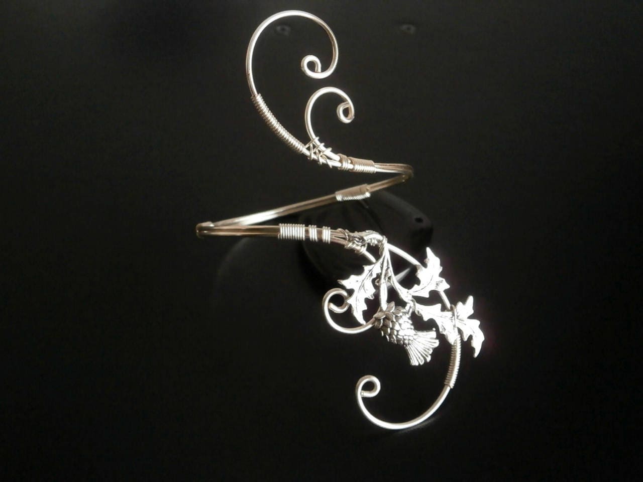 Bracelet Manchette Métal Argenté Décor Chardons (Thistle) - Occasion Bon état
