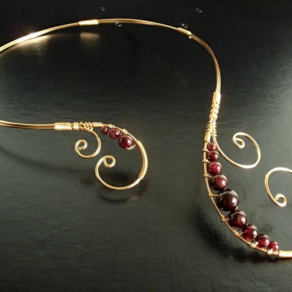 Garnet Necklace, Open Necklace, Gold Necklace, Statement Necklace, Collar Necklace, Asymmetric necklace, adjustable necklace