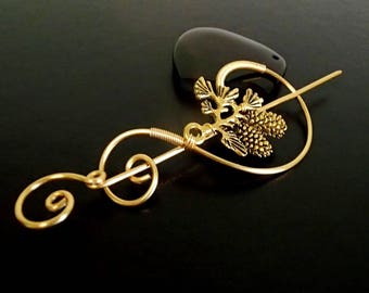 Pine Cone Shawl Pin, Scarf Pin, Fibula, Sweater Brooch, Knitting Accessories, Gold Wire pin