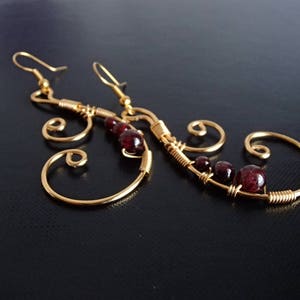 Garnet Earrings, Gold Earrings, Wire Earrings, Bridal Earrings, Wire Wrapped Jewelry, Handmade Jewelry