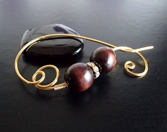 Shawl Pin, Scarf Pin, Wire Pin, Wood beads brooch, Knitting Accessories, Gold Wire Pin, Women's Accessory