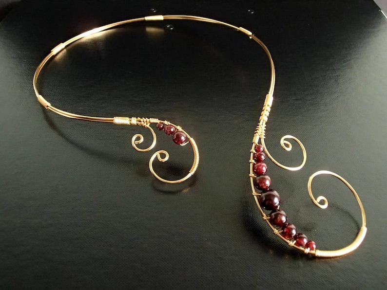 Garnet Necklace, Open Necklace, Gold Necklace, Statement Necklace, Collar Necklace, Asymmetric necklace, adjustable necklace image 10
