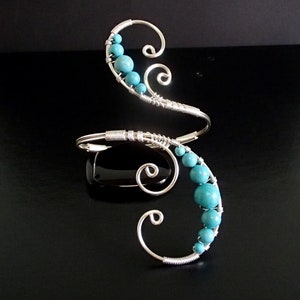 Pulsera turquesa, pulsera de plata, pulsera de manguito de alambre, banda de brazo, brazalete de brazo, pulsera de brazo