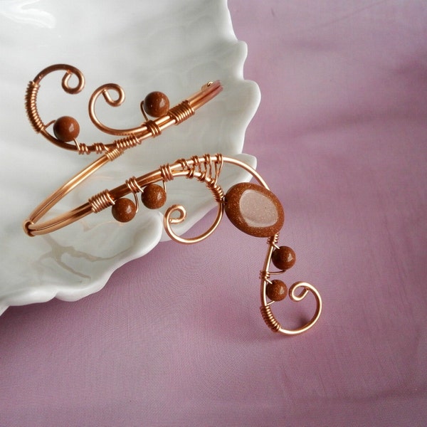 Copper Bracelet, Wire Wrapped Cuff Bracelet, Arm cuff, Goldstone bracelet, Arm Bangle, Upper Arm Bracelet, Wire jewelry