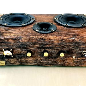 May include: A rectangular wooden speaker enclosure with a dark, textured grain finish. It features two large black speakers, one smaller central speaker, three gold control knobs, a small analogue gauge, a toggle switch, and a gold Bunarang Studio plaque.