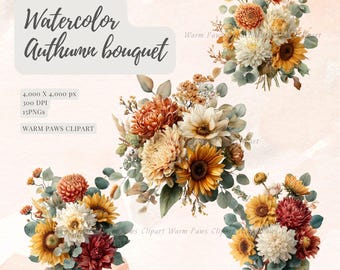 Imágenes prediseñadas de flores otoñales en acuarela / Flores de otoño, crisantemos, girasoles, hojas / Conjunto PNG botánico
