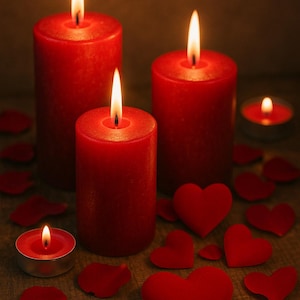 May include: A romantic scene featuring three red pillar candles with lit flames, surrounded by red heart-shaped decorations and scattered rose petals. A small tea light candle also burns. The warm lighting creates a cozy atmosphere.