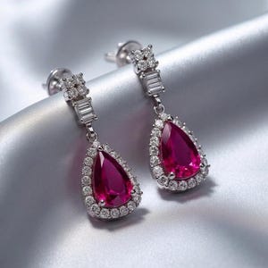 Pendientes colgantes de rubí talla pera, halo de moissanita, colgantes baguette estilo art déco, regalo de aniversario