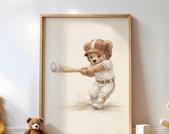 Vintage Teddy Bear Baseball Wall Art, Neutral Bear Décor for Nursery, Kids Room & Baseball Sports Lovers (Digital Download)