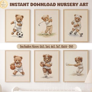 Sports Teddy Bear Nursery Set of 6 Wall Art, Watercolor Sporting Nursery Theme Décor for Kids Sports Room & Baby Sports Nursery: Vintage
