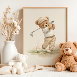 Decorazione murale vintage con orsetto che gioca a golf, decorazione neutra con orsi per la cameretta dei bambini e gli amanti del golf (download digitale)
