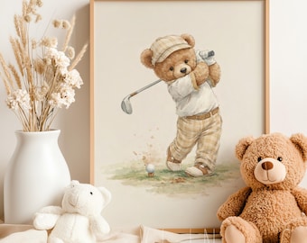 Vintage Teddy Bear Golfing Wall Art, Neutral Bear Décor for Nursery, Kids Room & Golf Sports Lovers (Digital Download)