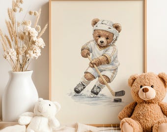 Vintage Teddy Bear Ice Hockey Wall Art, Neutral Bear Décor for Nursery, Kids Room & Hockey Sports Lovers (Digital Download)