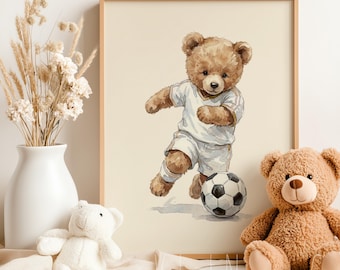 Vintage Teddy Bear Soccer Wall Art, Neutral Bear Décor for Nursery, Kids Room & Soccer Sports Lovers (Digital Download)