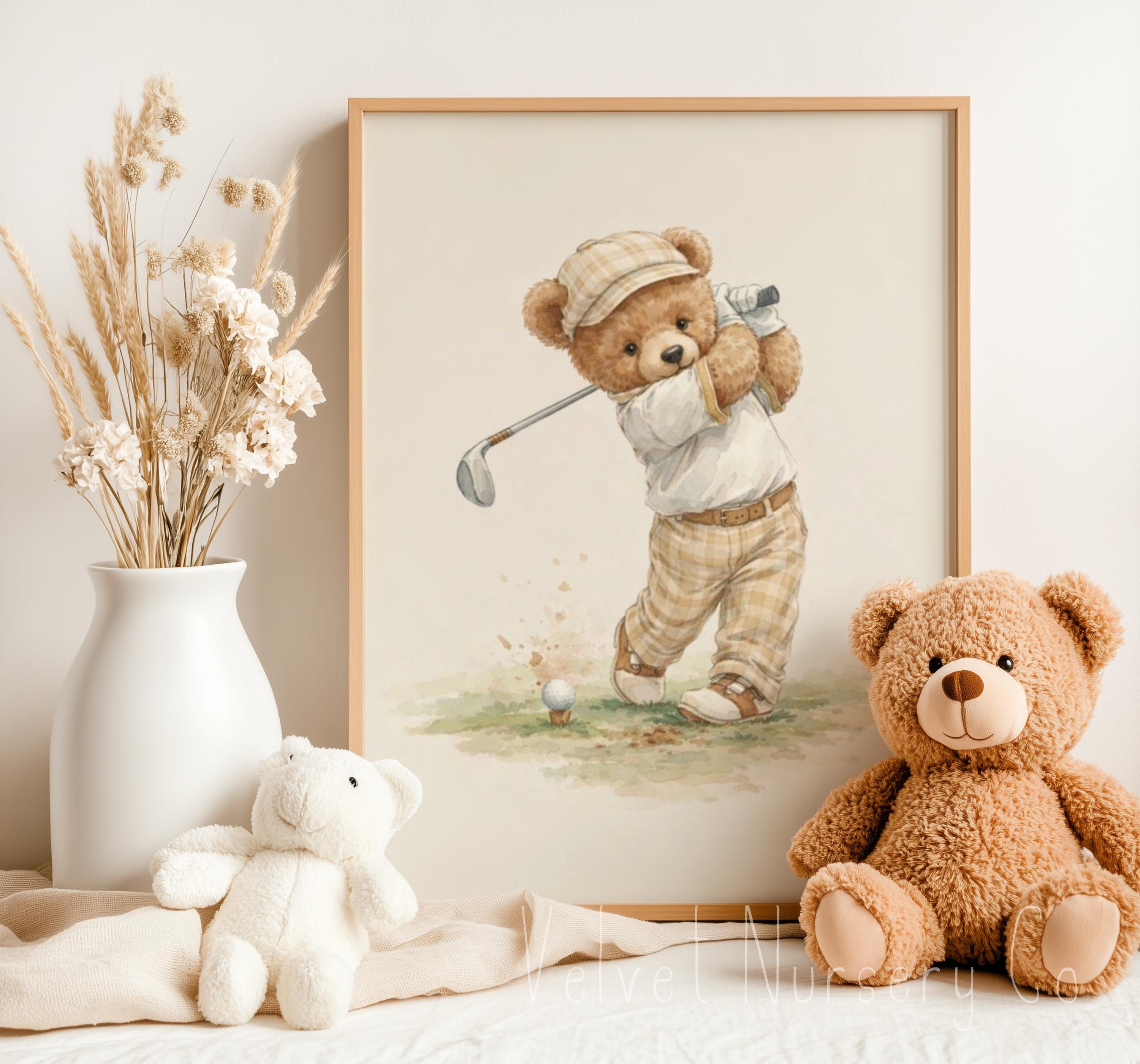 Vintage Teddy Bear Golfing Wall Art, Neutral Bear Décor for