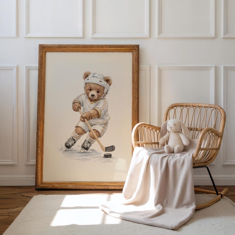 Sports Teddy Bear Nursery Set of 6 Wall Art, Watercolor Sporting Nursery Theme Décor for Kids Sports Room & Baby Sports Nursery: Vintage image 11