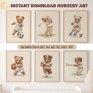 Lot de 6 oeuvres d'art murales pour chambre d'enfant Sports, aquarelle sur le thème de la chambre de bébé sportive pour salle de sport d'enfants et chambre de bébé sportive : vintage