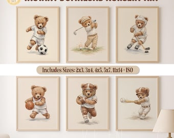 Sports Teddy Bear Nursery Set of 6 Wall Art, Watercolor Sporting Nursery Theme Décor for Kids Sports Room & Baby Sports Nursery: Vintage