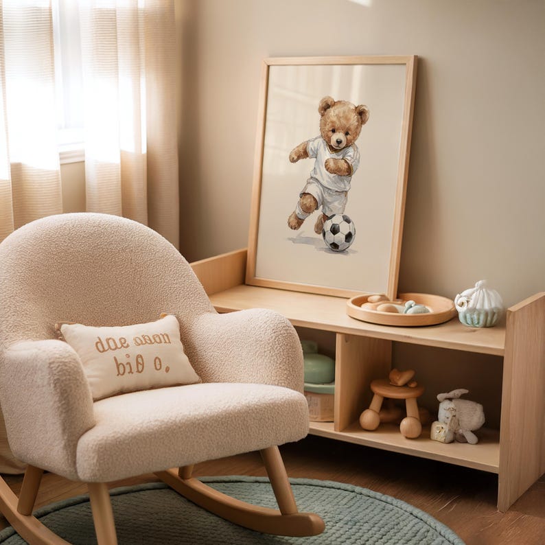 Sports Teddy Bear Nursery Set of 6 Wall Art, Watercolor Sporting Nursery Theme Décor for Kids Sports Room & Baby Sports Nursery: Vintage image 9
