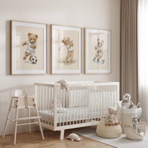 Sports Teddy Bear Nursery Set of 6 Wall Art, Watercolor Sporting Nursery Theme Décor for Kids Sports Room & Baby Sports Nursery: Vintage image 6