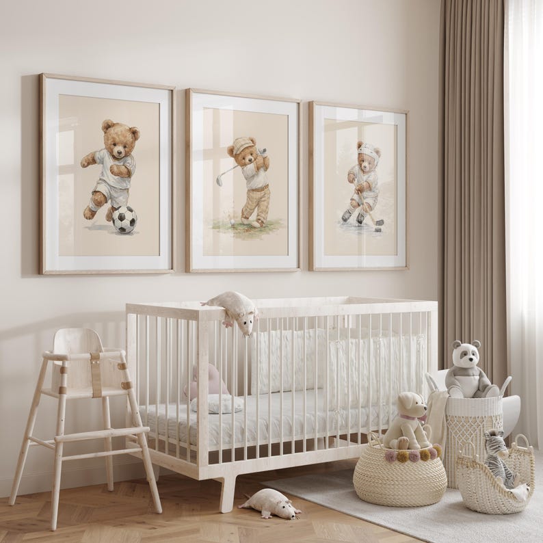 Sports Teddy Bear Nursery Set of 6 Wall Art, Watercolor Sporting Nursery Theme Décor for Kids Sports Room & Baby Sports Nursery: Vintage image 6