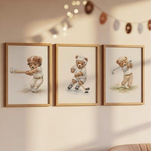 Sports Teddy Bear Nursery Set of 6 Wall Art, Watercolor Sporting Nursery Theme Décor for Kids Sports Room & Baby Sports Nursery: Vintage image 7