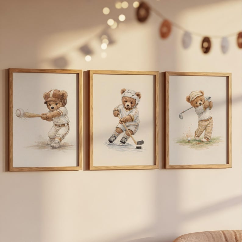 Sports Teddy Bear Nursery Set of 6 Wall Art, Watercolor Sporting Nursery Theme Décor for Kids Sports Room & Baby Sports Nursery: Vintage image 7