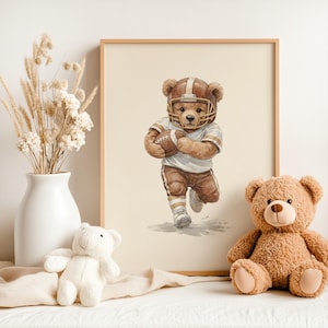 Vintage teddybeer voetbal muurkunst, neutrale beer decor voor kinderkamer, kinderkamer en voetbal sportliefhebbers (digitale download)