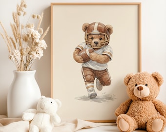 Vintage Teddy Bear Football Wall Art, Neutral Bear Décor for Nursery, Kids Room & Football Sports Lovers (Digital Download)