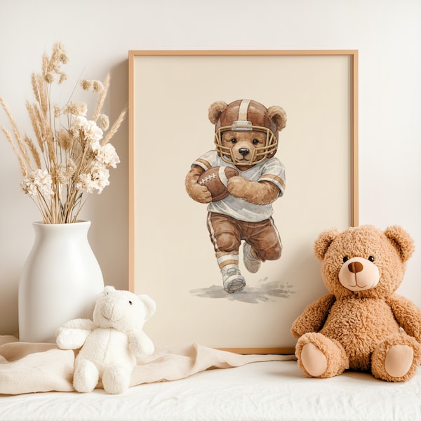 Décoration murale vintage ours en peluche et football, motif ours neutre pour chambre d'enfant et amateurs de football (Téléchargement numérique)