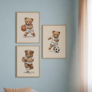 Sports Teddy Bear Nursery Set of 6 Wall Art, Watercolor Sporting Nursery Theme Décor for Kids Sports Room & Baby Sports Nursery: Vintage image 8