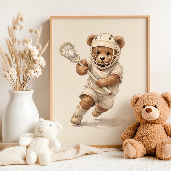 Vintage Lacrosse Teddy Bear Wall Art, Neutral Bear Décor for Nursery, Kids Room & Lacrosse Sports Lovers (Digital Download)