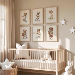 Sports Teddy Bear Nursery Set of 6 Wall Art, Watercolor Sporting Nursery Theme Décor for Kids Sports Room & Baby Sports Nursery: Vintage image 2