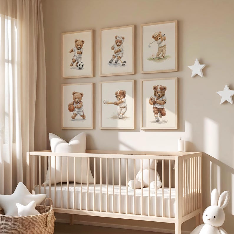 Sports Teddy Bear Nursery Set of 6 Wall Art, Watercolor Sporting Nursery Theme Décor for Kids Sports Room & Baby Sports Nursery: Vintage image 2