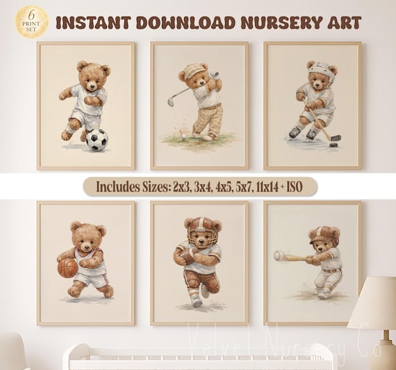 Sports Teddy Bear Nursery Set of 6 Wall Art, Watercolor Sporting Nursery Theme Décor for Kids Sports Room & Baby Sports Nursery: Vintage