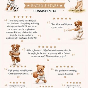 Sports Teddy Bear Nursery Set of 6 Wall Art, Watercolor Sporting Nursery Theme Décor for Kids Sports Room & Baby Sports Nursery: Vintage image 3