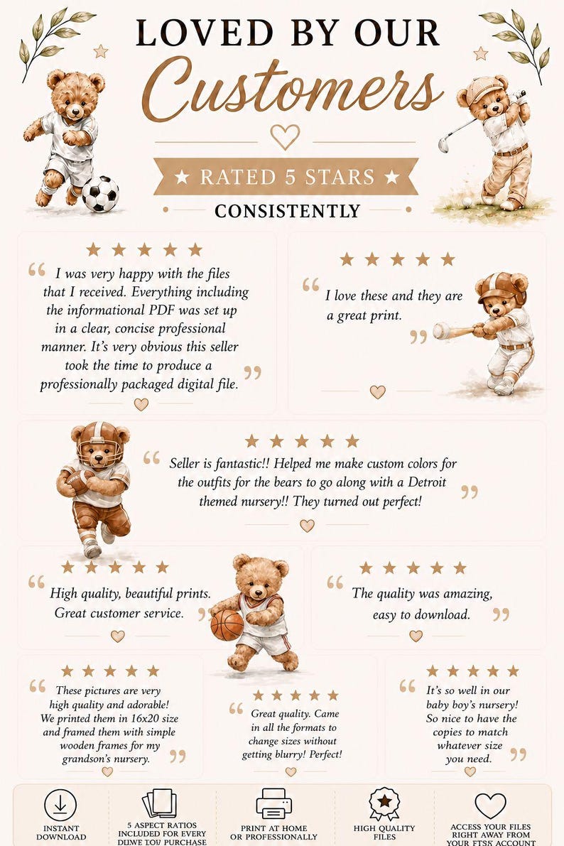 Sports Teddy Bear Nursery Set of 6 Wall Art, Watercolor Sporting Nursery Theme Décor for Kids Sports Room & Baby Sports Nursery: Vintage image 3
