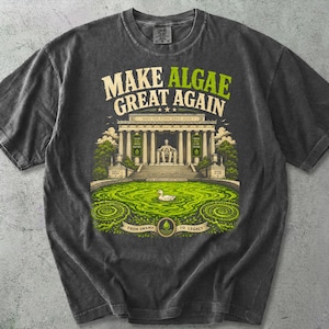 Könnte beinhalten: Ein anthrazitfarbenes Kurzarm-T-Shirt mit einem Grafikdruck und dem Text "MAKE ALGAE GREAT AGAIN". Das Design zeigt ein klassisches Gebäude mit einer sitzenden Figur, einen leuchtend grünen Teich mit einer weißen Ente und ein Banner.